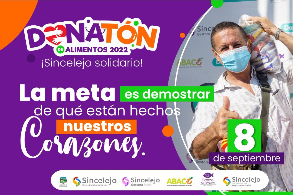 FOMVASincelejo's tweet photo. Donar es una forma de expresar nuestro amor.  Miles de familias necesitan de nosotros. 
Lleva tu aporte el próximo 8 de septiembre al Banco de Alimentos de Sincelejo.

#DonatónDeAlimentos2022
#SincelejoSolidario
#UnidosTransformamosMás https://t.co/1hA9TopJ5k