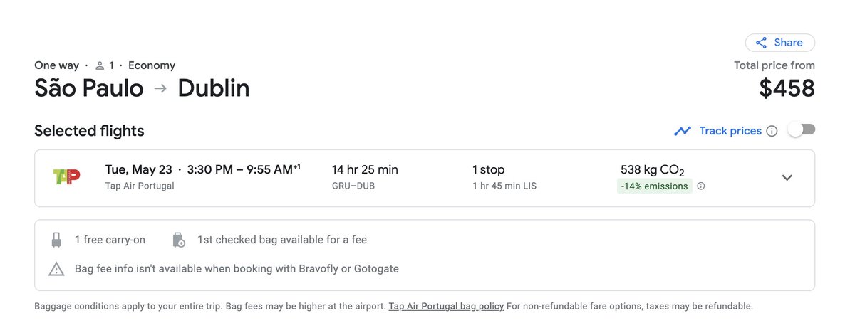 FerracoFTW's tweet photo. @gringo_nation London to Dublin flights look really cheap on Ryan Air.

Here's one to Dublin from GRU in May 👇

Also, it's still pretty far out to book for May flights, so you could wait a little. https://t.co/4OOIEH1oID