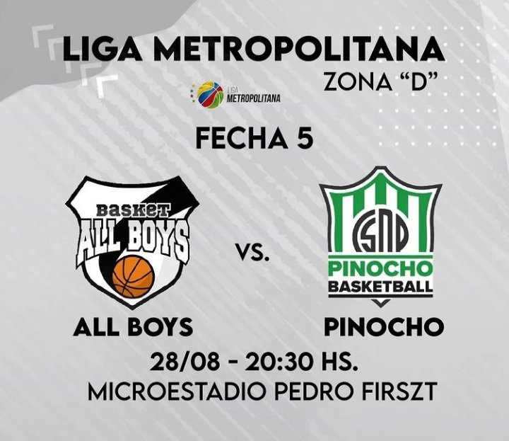 Se viene la fecha N°5 de la #LigaMetropolitana2022
<a href="/BasquetAllBoys/">All Boys Basquetbol</a> recibe a <a href="/Pinochobasquet/">Pinocho basquet</a> este domingo 20:30hs

Están todos Invitados!!

#VamosAllBoys