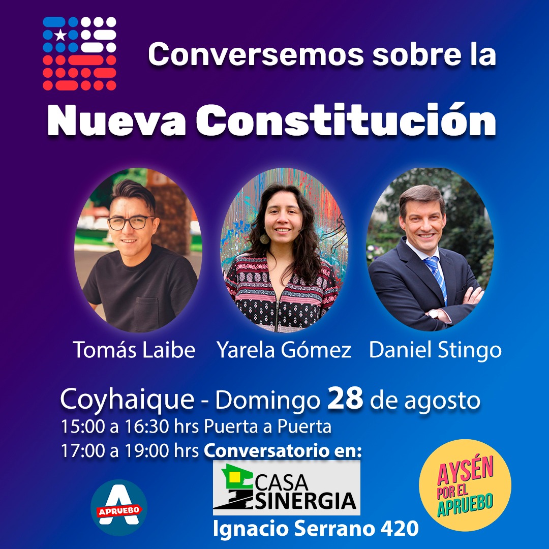 Mañana no se lo pierda! junto a <a href="/YarelaAysen/">Yarela Gómez Sánchez</a> <a href="/tomaslaibe/">Tomás Laibe</a> y nuestro invitado especial <a href="/danielstingo/">Daniel Stingo Camus</a> en un conversatorio abierto a toda la comunidad <a href="/ApruebaxChile/">ApruebaxChile 🅰️</a> <a href="/AprueboxAysen/">🅰️pruebo por Aysén</a> #Coyhaique #Apruebo #AprueboFeliz