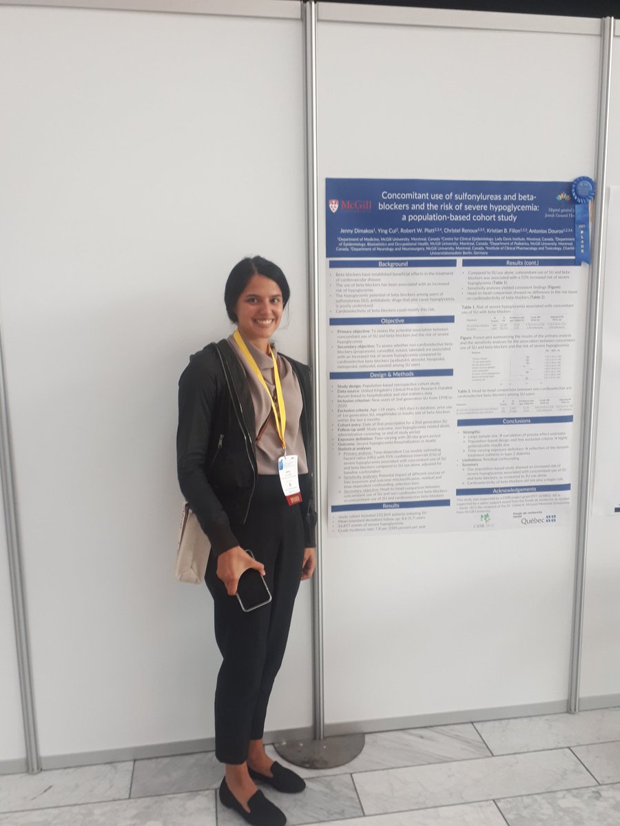 AntoniosDouros's tweet photo. Congrats to #JennyDimakos for the first place at the #DDI Spotlight Poster Session yesterday! Jenny presented the results of our study on the risk of hypoglycemia with sulfonylureas and beta-blockers @IntPharmacoEpi @ispesig_ddi #ICPE22 @LDI_ILD https://t.co/52kvuebC3l