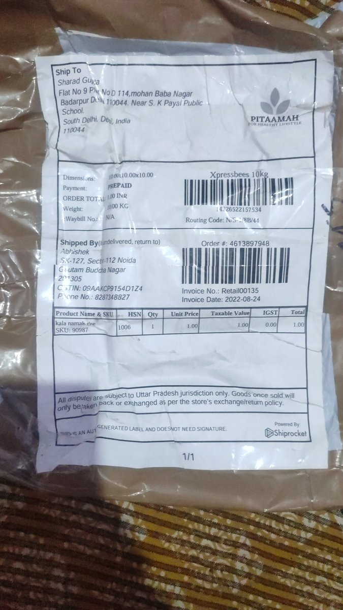 AdvocateSharad5's tweet photo. I lost my 1500 rs in the name of kala namak and shakkar chini rice he supplied me ordanary rice @ , rs 150 per kg. And now he is not agree to listen my complaint or return my money. https://t.co/xqNOaNZwSc