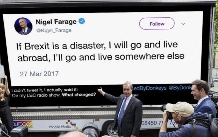 RichardGCorbett's tweet photo. #BrexitDisaster 

Isn’t it about time Nigel Farage kept his promise? https://t.co/TcVD1Vnvoo