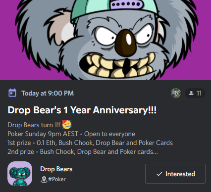 DropBearsio's tweet photo. Attention Bogans

Hails will be hosting a special anniversary poker game tonight.

Details as follows:
- Open to anyone and everyone, invite your nan or your neighbours dog we dont mind.
- Prizes for 1st, 2nd, and 3rd place.

See you there
🐨
#NFTGiveaway #NFTCommunity https://t.co/xsamabUwan