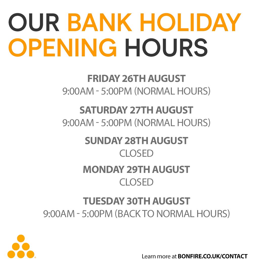 bonfirestoves's tweet photo. *Bank Holiday Hours* ⏰

We will be closed on Monday 29th August due to the Bank Holiday. We will reopen on Tuesday at 9am. 

Please be advised that due to the bank holiday, deliveries will not be made on 29/08.

We hope everyone has a 🔥 bank holiday. https://t.co/XfVvLAvIzq