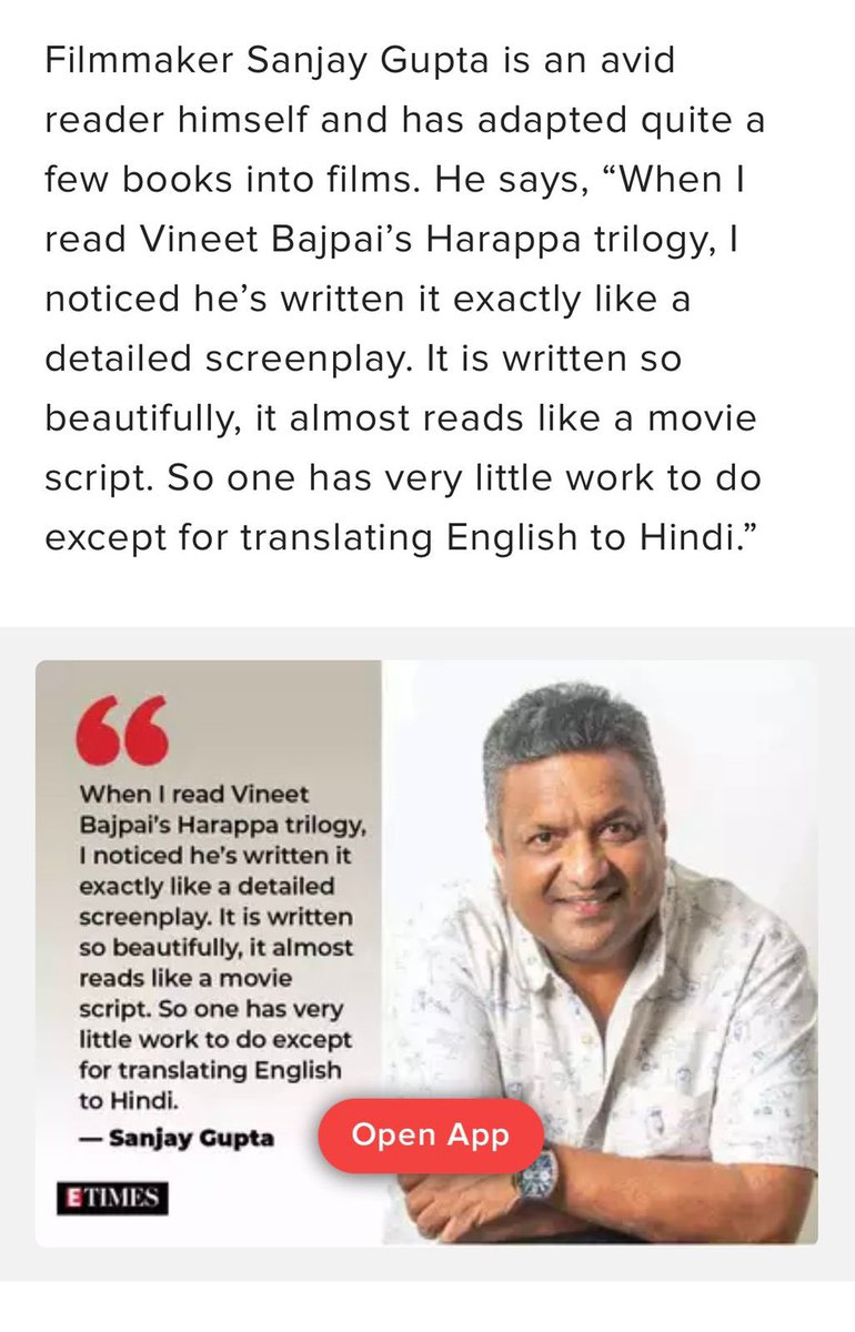 Vineet_Bajpai's tweet photo. When one of Indian film industry’s top Directors says this for your work to the @timesofindia, it makes all those sleepless nights and working Sundays worthwhile. 😊 Thank you, @_SanjayGupta @irocksid 

@iTIGERSHROFF hope you’ve read the #HarappaTrilogy? You are Vidyut! 🤗 https://t.co/iKLvDxMs8v