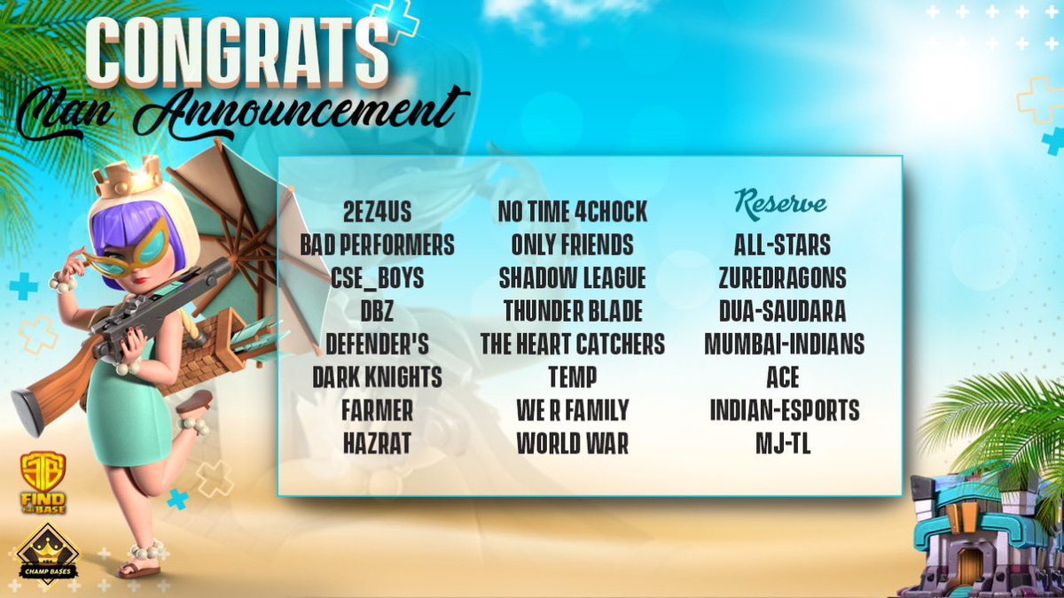 ☀️BKL Summer Party☀️
Congratulations! 

W1: 
TH13 - 28.08 - 03.09
TH14 - 29.08 - 04.09

Good luck to everyone!
BlitzKrieg - discord.gg/Dqd8j5b