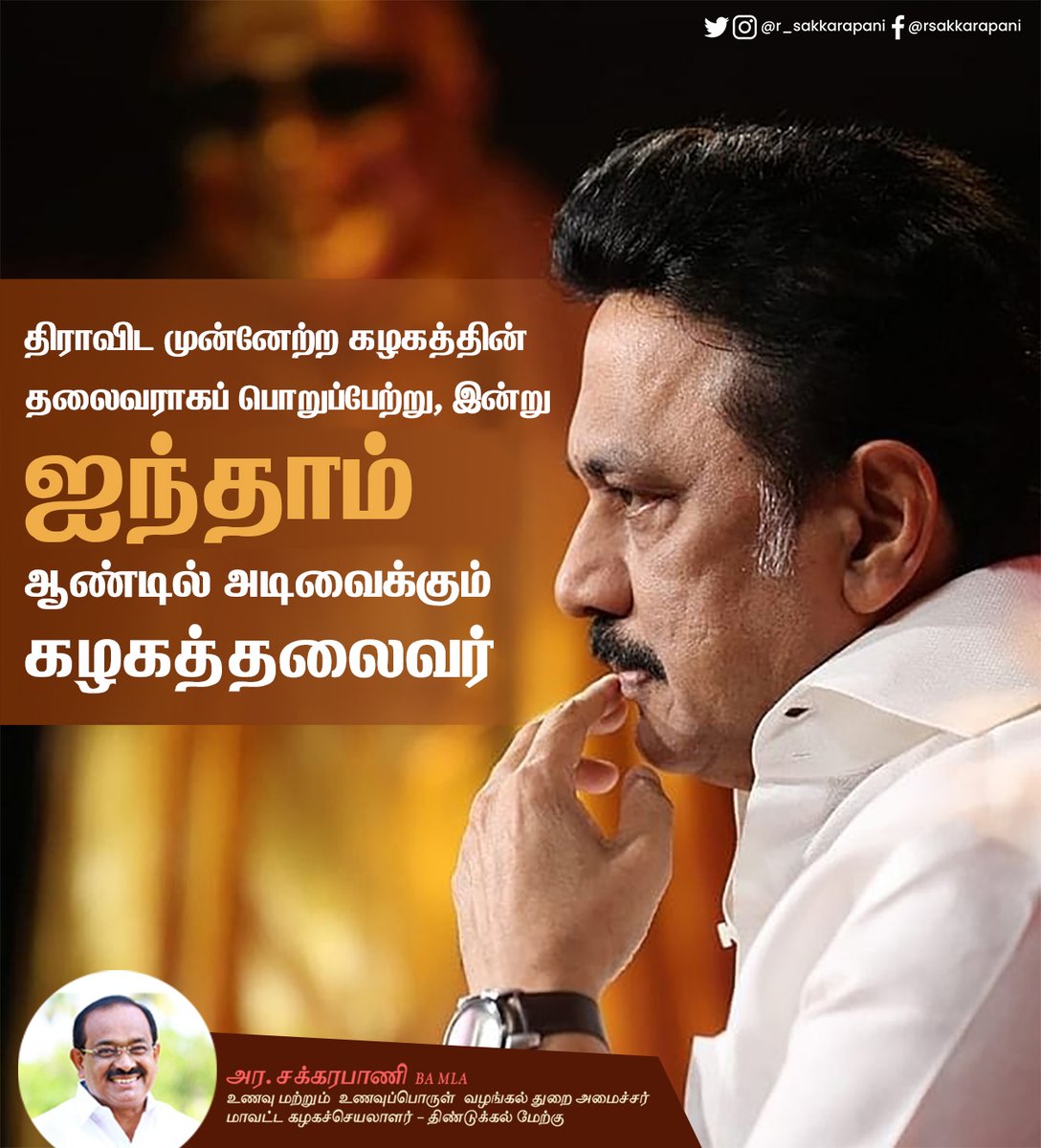 r_sakkarapani's tweet photo. ஒளியிழந்த வானில் தோன்றிய நம்பிக்கை கதிரொளியாக, பாதை மறந்த பயணிக்கு கிடைத்த திசைகாட்டியாக, கோடிக்கணக்கான தமிழ் நெஞ்சங்களில் உதயசூரியனாகத் திகழும் கழகத்தலைவர்-மாண்புமிகு முதல்வர் தளபதி திரு. @mkstalin  அவர்கள், கழகத்தலைவராக ஐந்தாம் ஆண்டில் அடியெடுத்து வைக்கும் இனிய நாள் இன்று!
(1) https://t.co/6GExG4GIgH