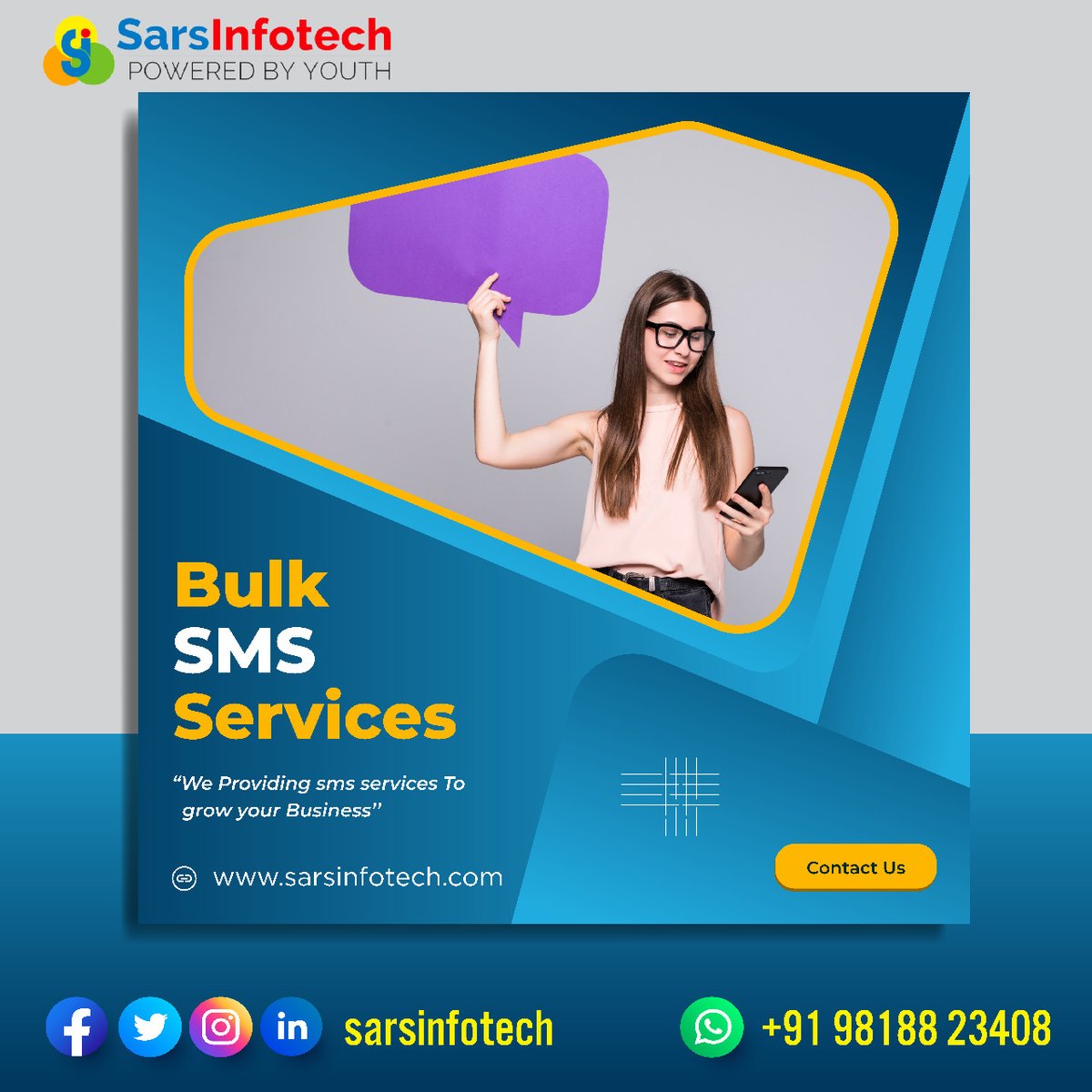 SarsInfotech's tweet photo. Buy bulk SMS online from Sars Infotech Pvt Ltd at affordable rates and send SMS with India's #1 bulk SMS service provider.
Visit us at : https://t.co/J8qhBy1ew1
WhatsApp for More Details : +9198188 23408

 #bulksms #bulksmsindia #bulksmsgateway #bulksmscompany #bulksmsservice https://t.co/rup5yqCtFh