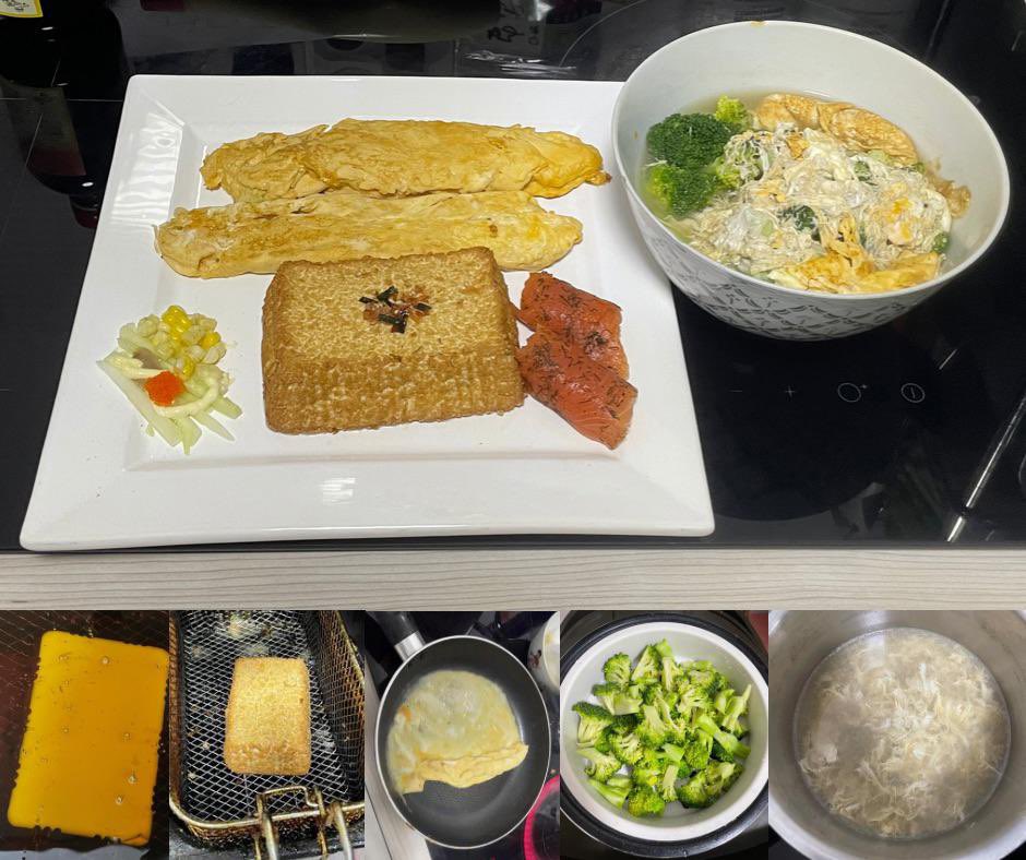 1st time cooking these &amp; luckily they taste divine🙏🏻
🍮Similar to 揚げ出し but using 絹ごし turning softest SILK tofu crispy golden brown
🍳玉子焼き but SAVORY eggroll
🥦Broccoli in egg flower broth🍲
Plate w/ olive oil dill smoked salmon, sesame seaweed かつおみりん, mayo えびこ