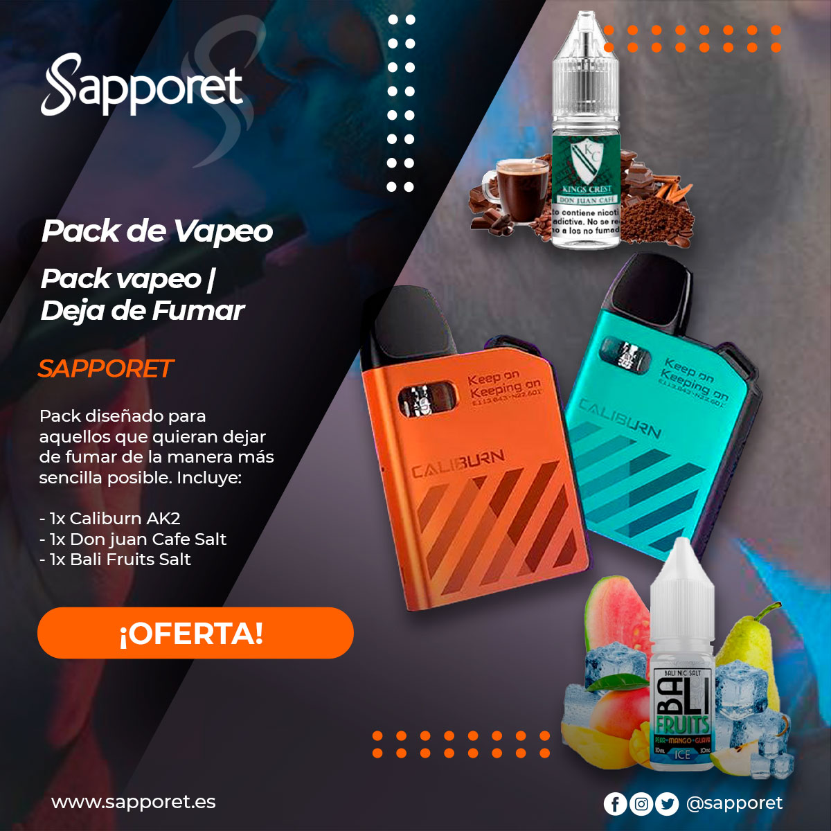 🆕No te pierdas este fantástico pack para ayudarte a dejar de fumar sin complicaciones.
Incluye: 
1x Caliburn Ak2
1x Don Juan Cafe Salt 
1x Bali Fruits Salt
Comienza en el mundo del vapeo de la mejor forma posible!🆕

ow.ly/qZls50Kt2re