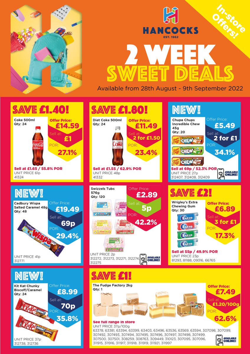 Our Sweet Deals are now available in-store and online! 🥳

Save BIG on branded must-haves, stock up on back to school must-haves, start your Christmas prep and more! 🎄

Click here to begin your online shop 👉 hancocks.co.uk/2-week-special…