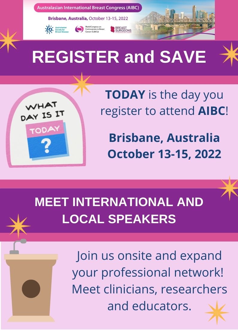 CoBrCaCongress's tweet photo. #AIBC is fast approaching - October is just around the corner! Join us in Brisbane from October 13-15 for this not to be missed, congress in the field of breast diseases in the Asia-Pacific region.
To register: https://t.co/IdmsvBDTVz
#ASBD #cobrca @drmelaniewalker @breastsurganz https://t.co/TyqvgliPqc