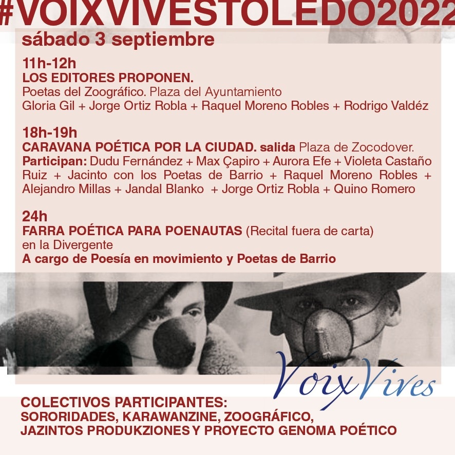 Aportando nuestro grano de arena al <a href="/ToledoVoix/">Voix Vives Toledo</a> de este año
Nos vemos el sábado 3
Compartiremos mesa con <a href="/EditorLupi/">LUPI</a>
Estaremos en el escenario,  en un recorrido por Toledo y para despedirnos en una Farra Poética Jam para los poenautas
<a href="/CastanoVioleta/">Violeta Castaño Ruiz</a> <a href="/quinoromero/">quino romero</a> <a href="/genomapoetico/">Proyecto Genoma Poético</a>