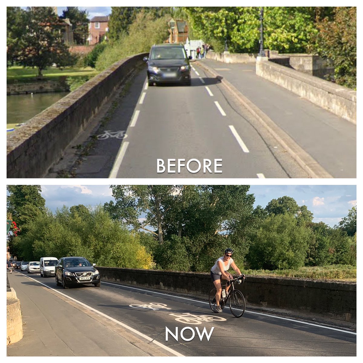 Take a bow <a href="/OxfordshireCC/">Oxfordshire County Council</a>, narrow and dangerous advisory cycle lanes on Wallingford bridge removed that many cyclists felt they had to use. Far safer now, drivers wait with no more illegal close passes👏  <a href="/OxonCyclingNet/">Oxfordshire Cycling Network</a> #wallingford  #cyclinglife