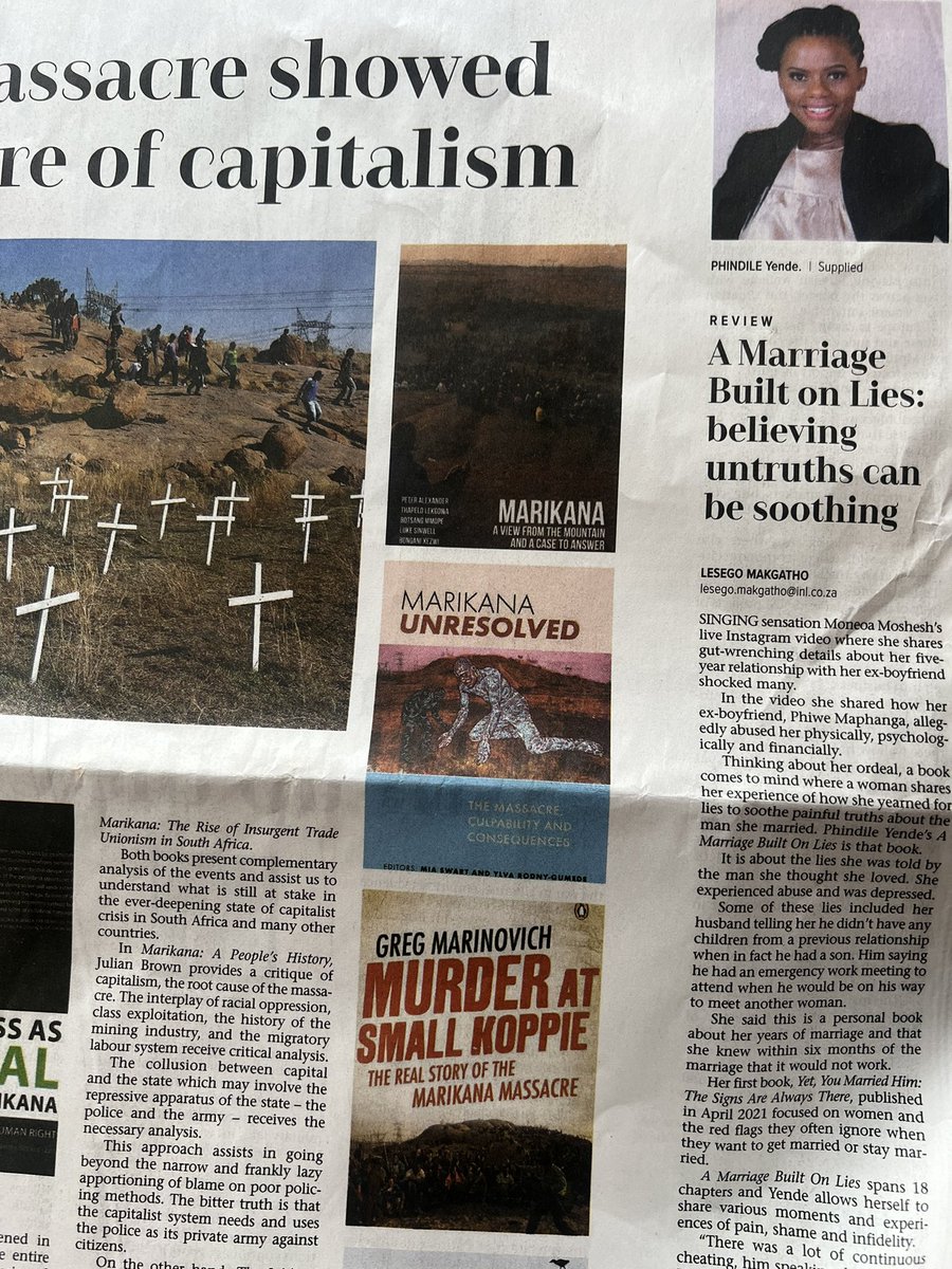 PhindileYende's tweet photo. @thesundayindependent reviews A Marriage Built on Lies, a review in reference to #moneoa story. That many of us women yearn to hear more lies to soothe painful truths, as stipulated in the book. That we want to be comforted by our own perpetrators. #marriage #love https://t.co/YR6yOPlTUT