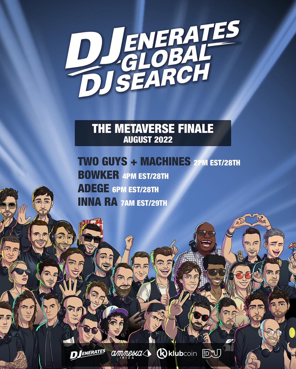 djenerates's tweet photo. 🔊LFG!
Get behind our finalists for the DJenerates Global DJ Search final!
1 DJ will be selected & flown to Ibiza to perform @Amnesia_Ibiza & featured in @DJmag Visit linktree in bio for metaverse & streaming links.
#nftmusic #twitchdj #dj #virtualdj #djsearch 🎧🎉 https://t.co/LHf75Bzj24