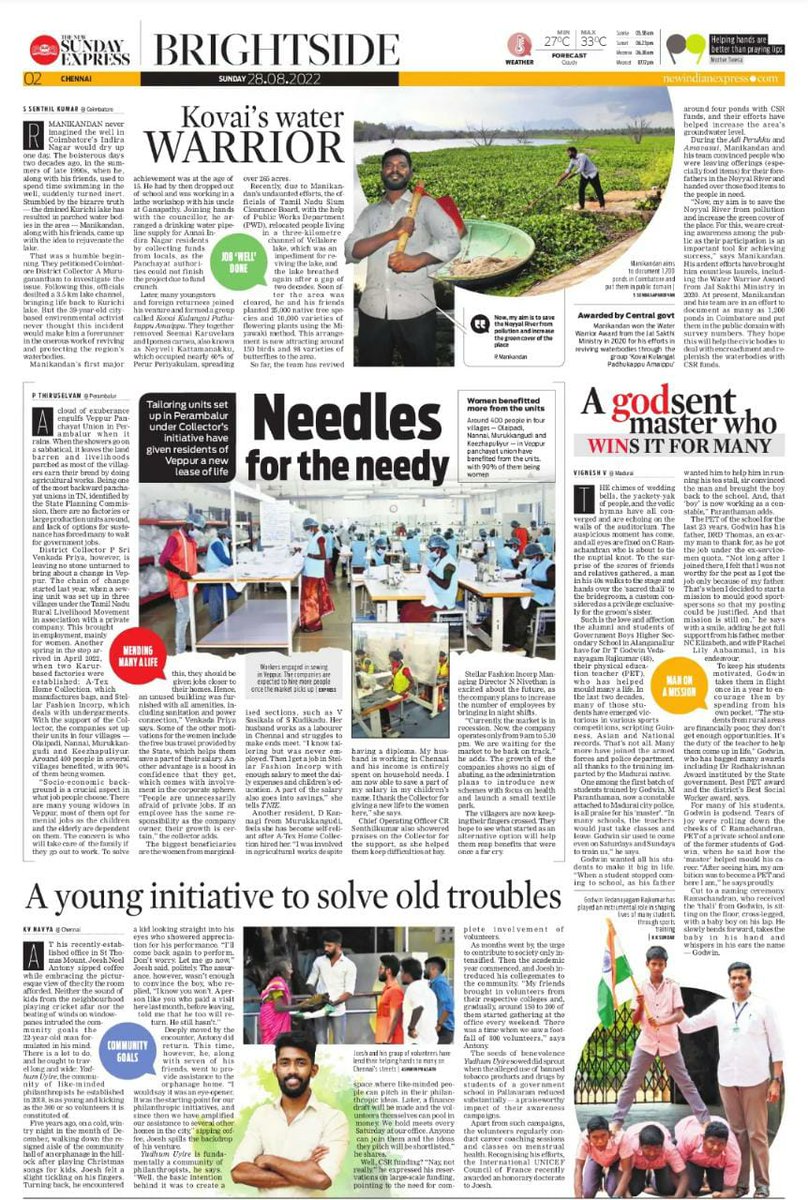 AntoJoseph's tweet photo. Don't miss our sun-shine stories this Sunday 
 #TNIE #BRIGHTSIDE

@NewIndianXpress
@xpresstn

Written by
@Senthil_TNIE
@Thiruselvamts
@reportervignesh
@kv_navya 
Pg anchored by
@ManeeshT4

https://t.co/GYbex8DHLO https://t.co/6NlJaGaXUb