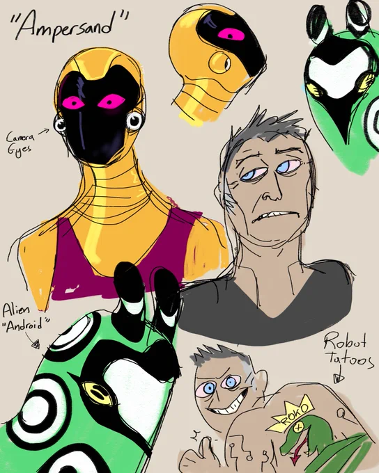 Been thinking about an old Sci Fi setting I had. Here is "Ampersand" the Artilect (formally three separate guys who have now merged together into one identity) 