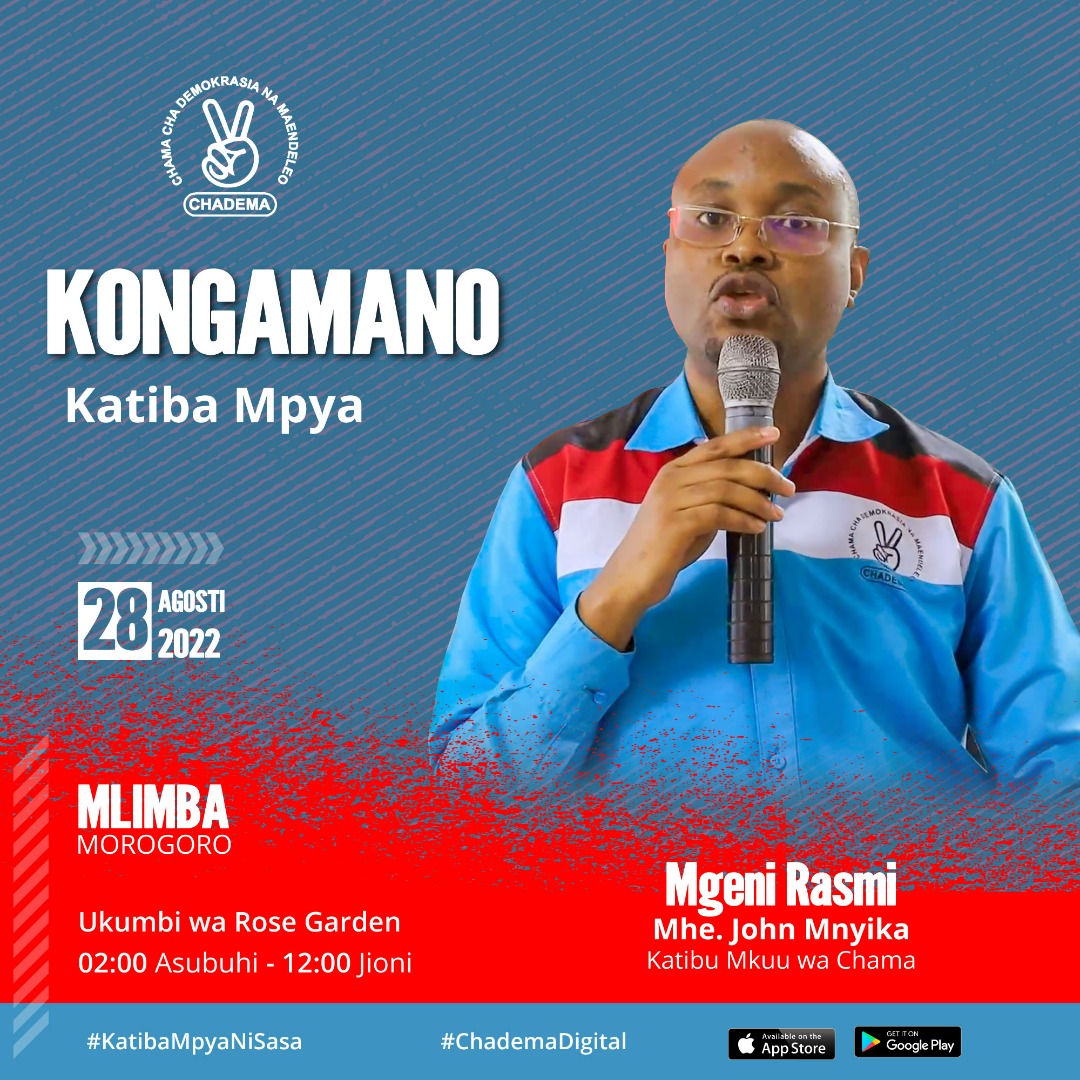 JoelyMsuya's tweet photo. Leo jumapili tarehe 28-08-2022 katibu mkuu wa chama cha demokrasia na maendeleo #CHADEMA mhe. #JohnMnyika, atakuwa mgeni rasmi katika kongamano la #KatibaMpya litakalofanyika #Mlimba mkoani Morogoro. Watu wa Morogoro na maeneo jirani hii sio ya kukosa.
#KatibaMpyaNiSasa https://t.co/cBFgv5eXjf