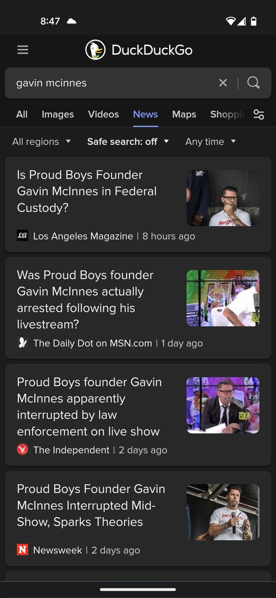 Troop4Christ's tweet photo. Has anyone else noticed that while @DuckDuckGo has numerous news search results for the #GavinMcinnes "live arrest" story, while @Google only has 2? 🤔
#searchSuppression? https://t.co/KJFTPxoNyR
