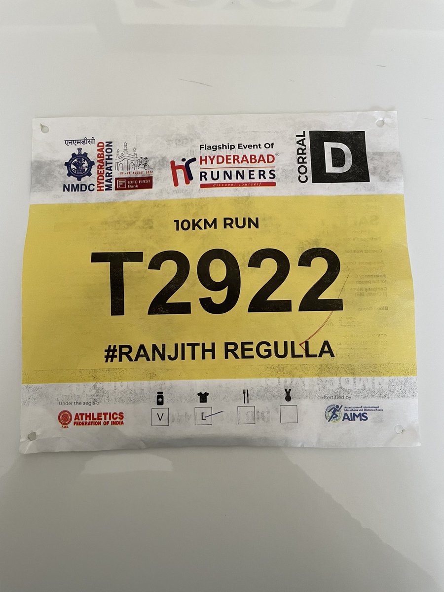 RanjithRegulla's tweet photo. Finally made it …#Wow my #First #10kms officially at #NMDCHyderabadMarathon completed in #69mins AvgPace-6.30mins https://t.co/1XFzUxmoWH