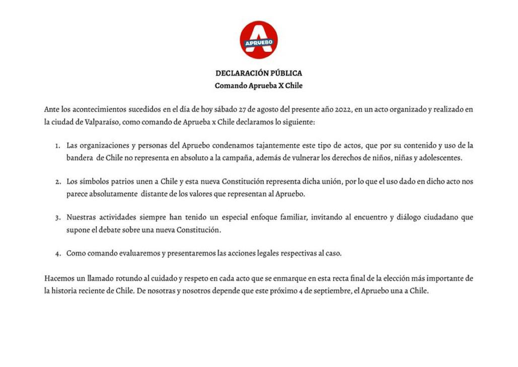 josemdelpino's tweet photo. El Comando del Apruebo emite declaración por el bochornoso acto de Valparaíso. Condenan tajantemente lo ocurrido y señalan que evaluarán acciones legales. https://t.co/hQbqKBs4rW