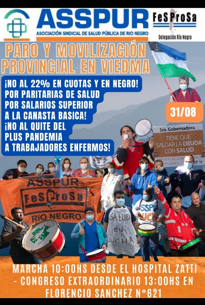 FabinTo06243191's tweet photo. Este #31 en Viedma todxs los trabajadores de salud movilizamos! No al 22% en cuotas y en negro. Por paritarias de salud y por salarios superior a la canasta básica. #Salud #asspur #rionegro https://t.co/EItkUuslAc
