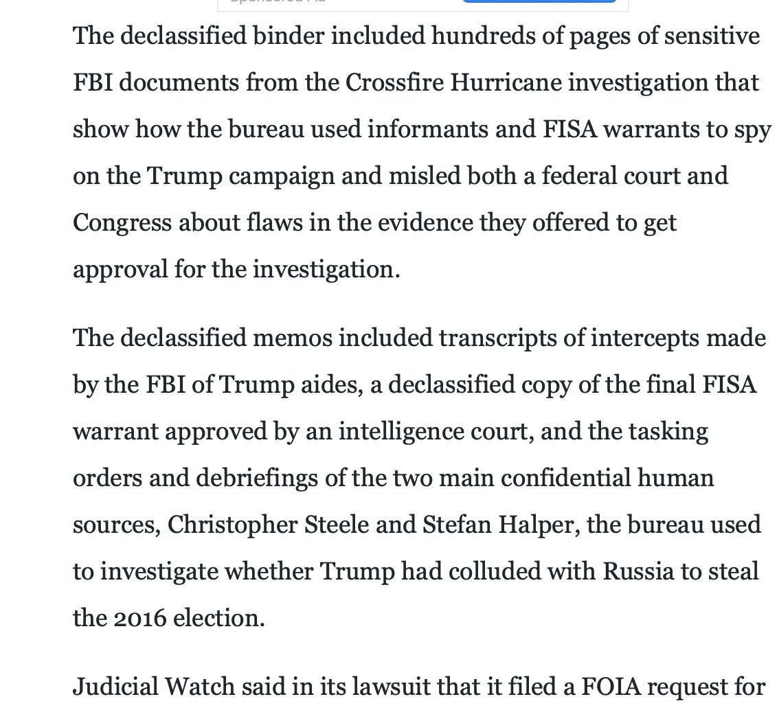 Judicial Watch are suing for the documents from the Russiagate binder that then-president Trump declassified, incl. declassified copy of the final FISA warrant and debriefings of Steele and Halper, two main CHSs on whose information the FISAs were based.