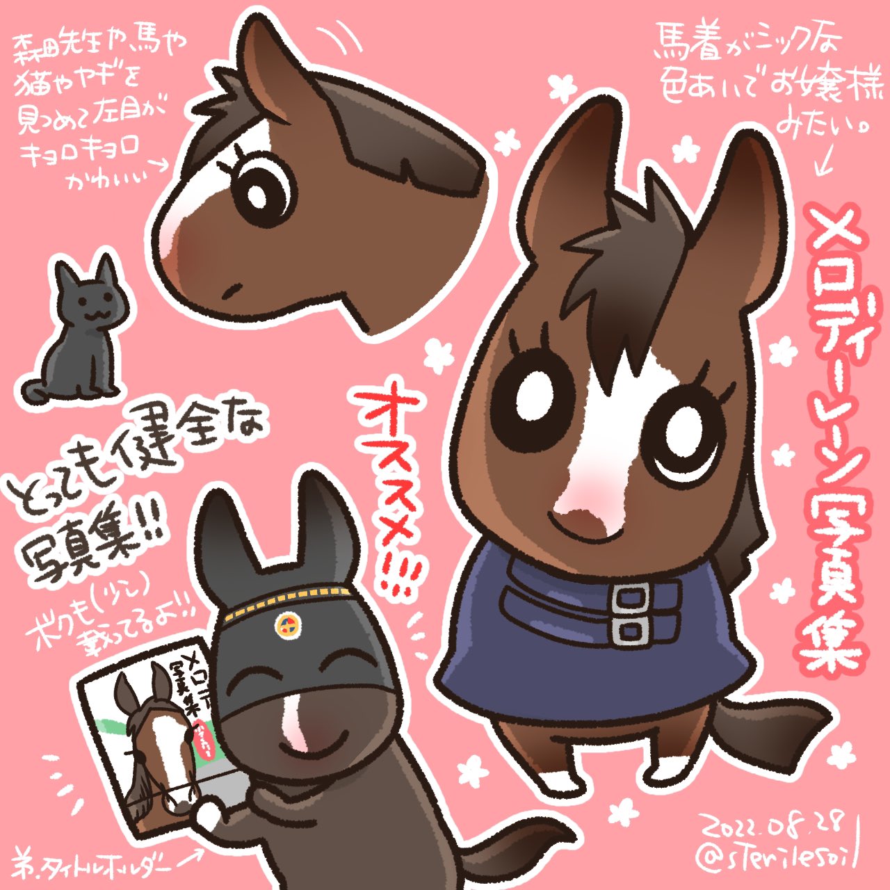 キクコ イラスト依頼お休み中 メロディーレーン写真集イラスト タイトルホルダー君はぼんやりも含め5枚写ってる むしろオバケ君が写り込み率高め 放牧で鼻を寄せ合っている子は誰だろう 可愛いです メロディーレーン T Co 47vziffyny