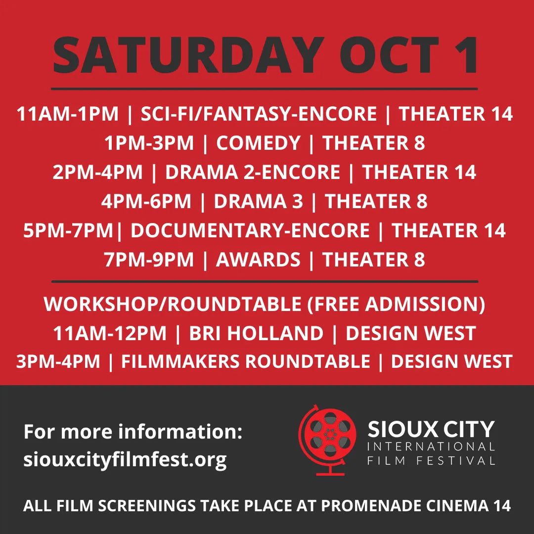 SiouxCityFilm's tweet photo. 2022 FILM FESTIVAL SCHEDULE!

Join us Thursday, September 29-Sunday, October 2, 2022.  We have 4 days of films, filmmakers, and fun!

For more information, check out our website: https://t.co/xUu4D0rUVn

Purchase tickets online: https://t.co/ZAEADpn6ZM…

#sciff2022 https://t.co/er03i6rgwR