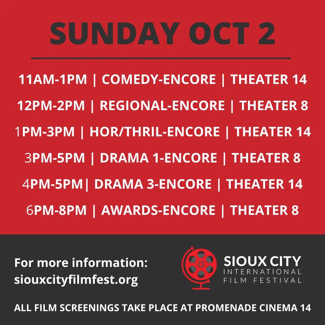 SiouxCityFilm's tweet photo. 2022 FILM FESTIVAL SCHEDULE!

Join us Thursday, September 29-Sunday, October 2, 2022.  We have 4 days of films, filmmakers, and fun!

For more information, check out our website: https://t.co/xUu4D0rUVn

Purchase tickets online: https://t.co/ZAEADpn6ZM…

#sciff2022 https://t.co/er03i6rgwR