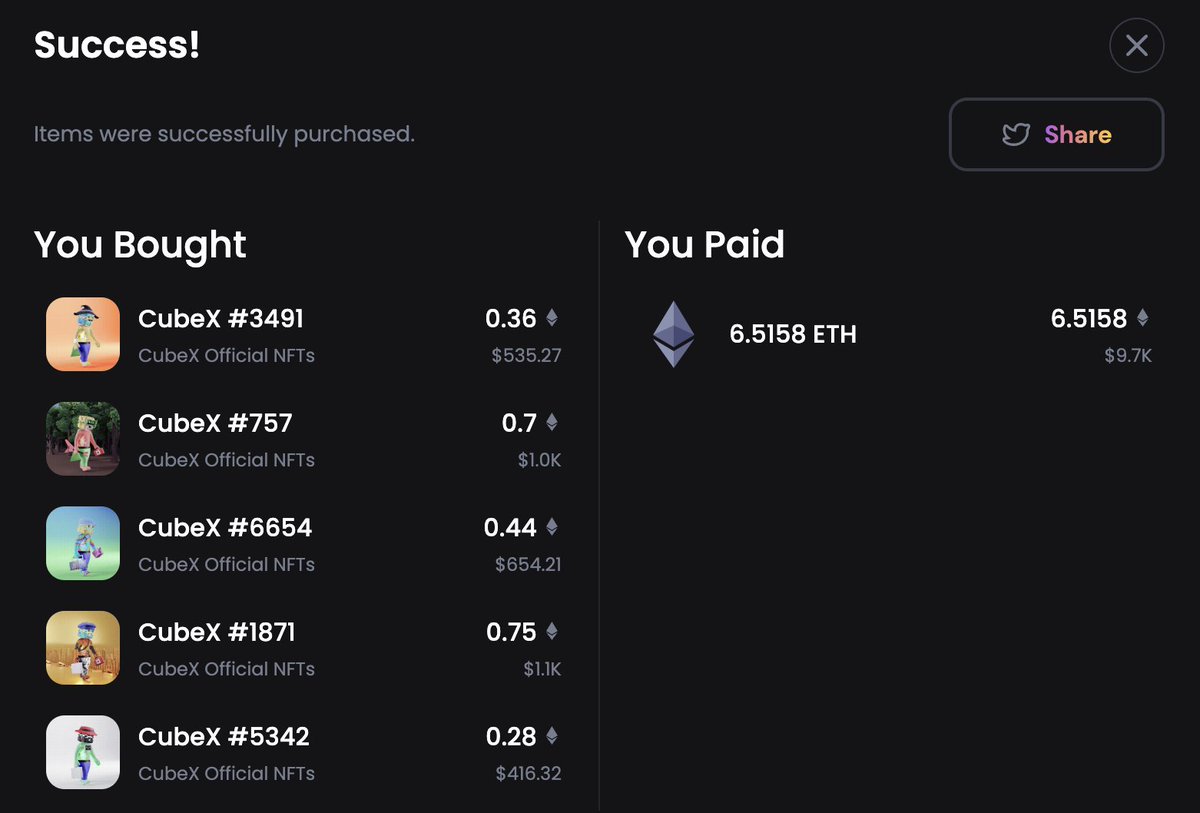 I had to go back and get more Cubies because legend and rockstar. ;) <a href="/TFGmykL/">TFG</a> <a href="/cubexnft/">Cube X</a> @CubeXGamer <a href="/mcuban/">Mark Cuban</a> #CubeX 
🛒 Bought: 17 items for 6.5158 ETH
💰 Gas savings: $5.95

etherscan.io/tx/0x6a8dc8ea3…  gem.xyz