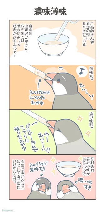 薄味濃味。自家製鳥用おかゆさん、我が家の文鳥さんは結構しっかり好みがあるようです。
#buncho #javasparrow #文鳥 