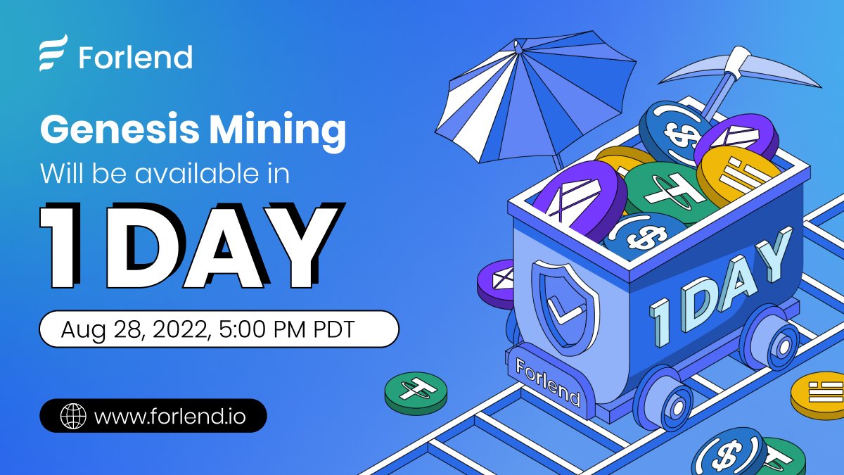 forlend_finance's tweet photo. 📢Only 1⃣️DAY away from the launch of #Forlend🚀
🕙8/28 5:00 PM PDT
Don't miss the opportunity to earn high APY during the genesis mining!
Big surprise for early participants!
🔗 https://t.co/b4XwsGzHlw
✈️ https://t.co/xBYS68YfTI
#DeFi #lendingprotocols https://t.co/hrwxNyRl2O
