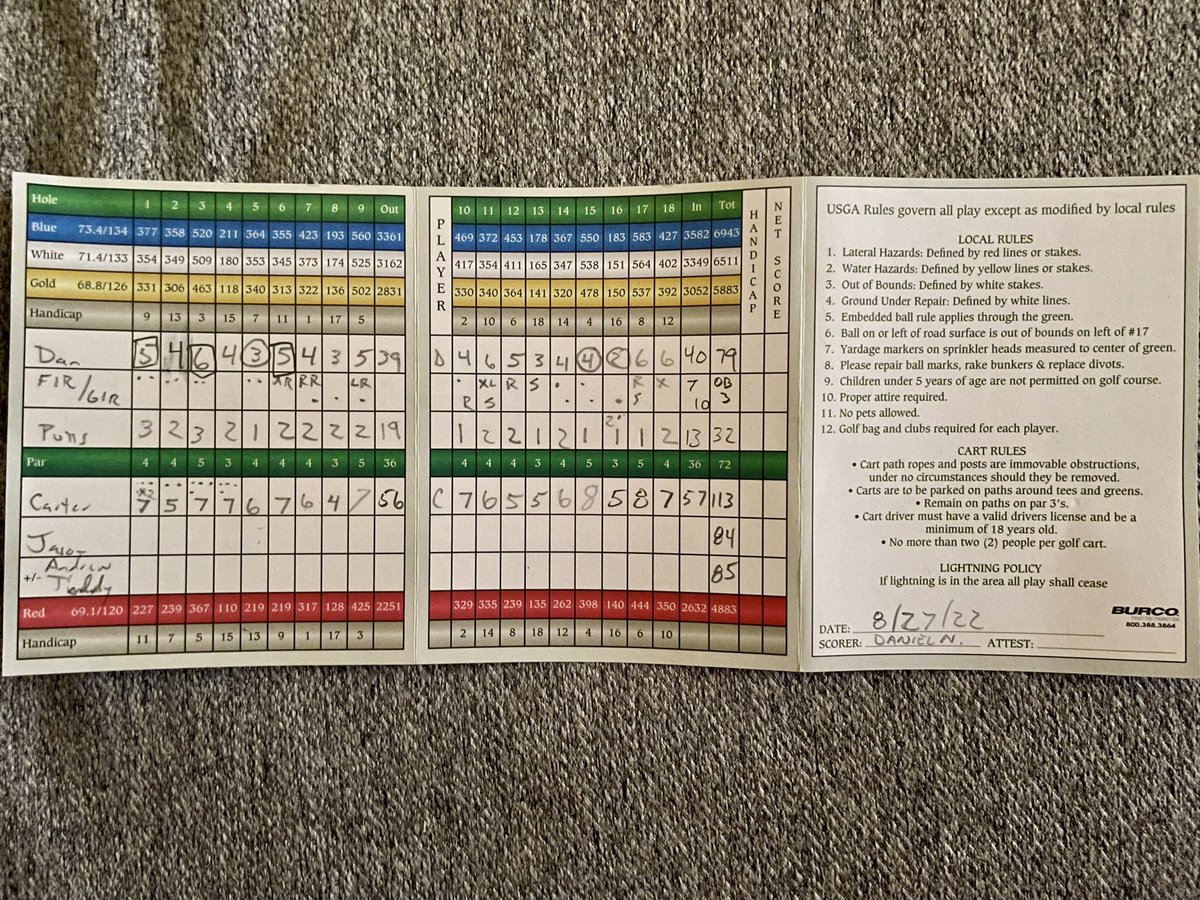 vtnielsen's tweet photo. @chasingscratch0  1st round I’ve had in a long time in the 70’s and it could’ve been even better. Two three putts should’ve been 2 putts. 3 OB. Best part, my 7yo son played with me for all 18 and he loved it! https://t.co/tsZzSd9vPM