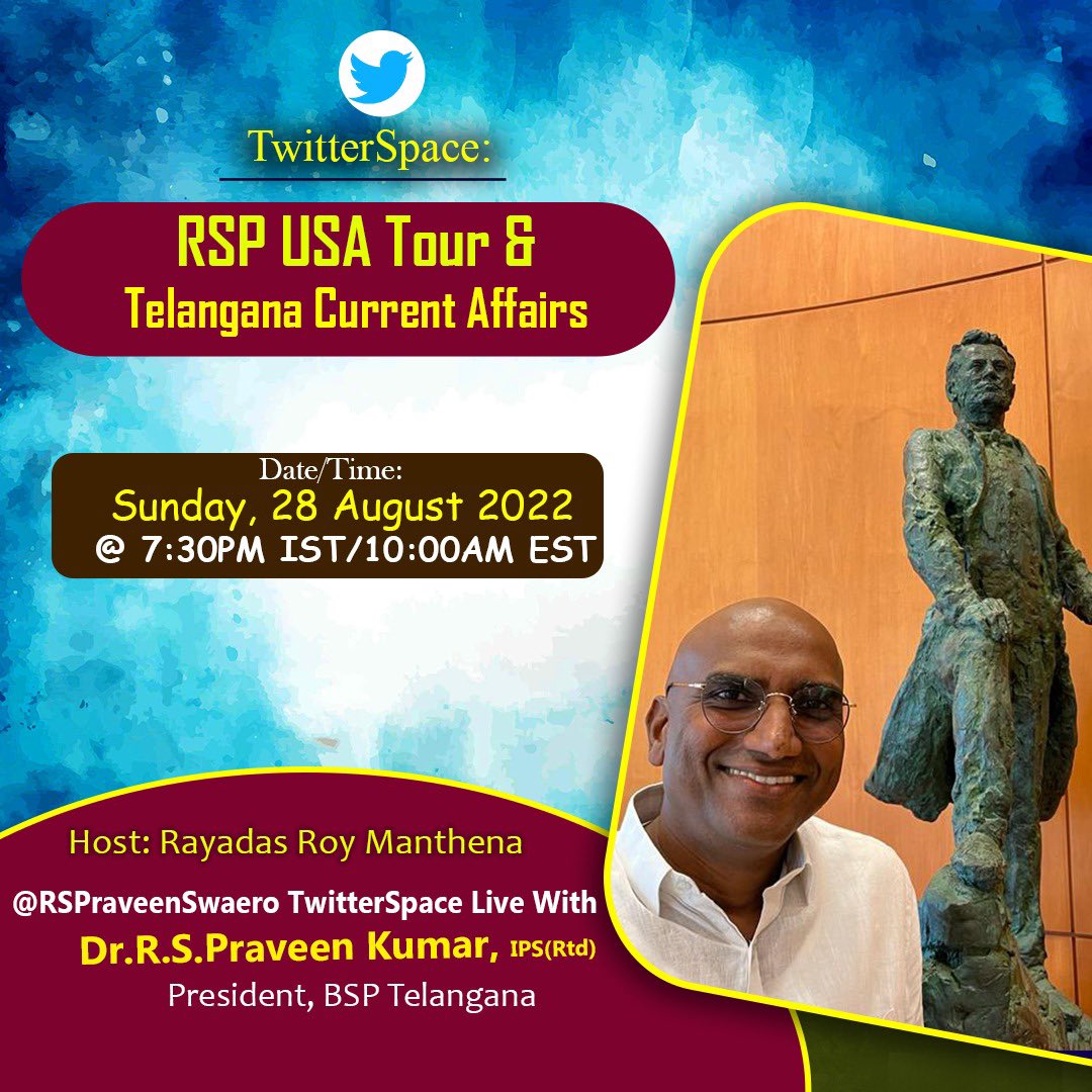 rayadasm's tweet photo. RSP live at 7:30PM IST / 10AM EST on Sunday, 28th August. Plz join https://t.co/BSYbyttunA

@RSPraveenSwaero @RobinZaccheus @bsp_prabhakar @Pallavi_Swaero @RSPFollowers @AjaySwaeroN @Vijaykandikanti @prabhakarchouti @NeelTelangana @PrashantSwaero @sjajimi https://t.co/kyGGurG89q