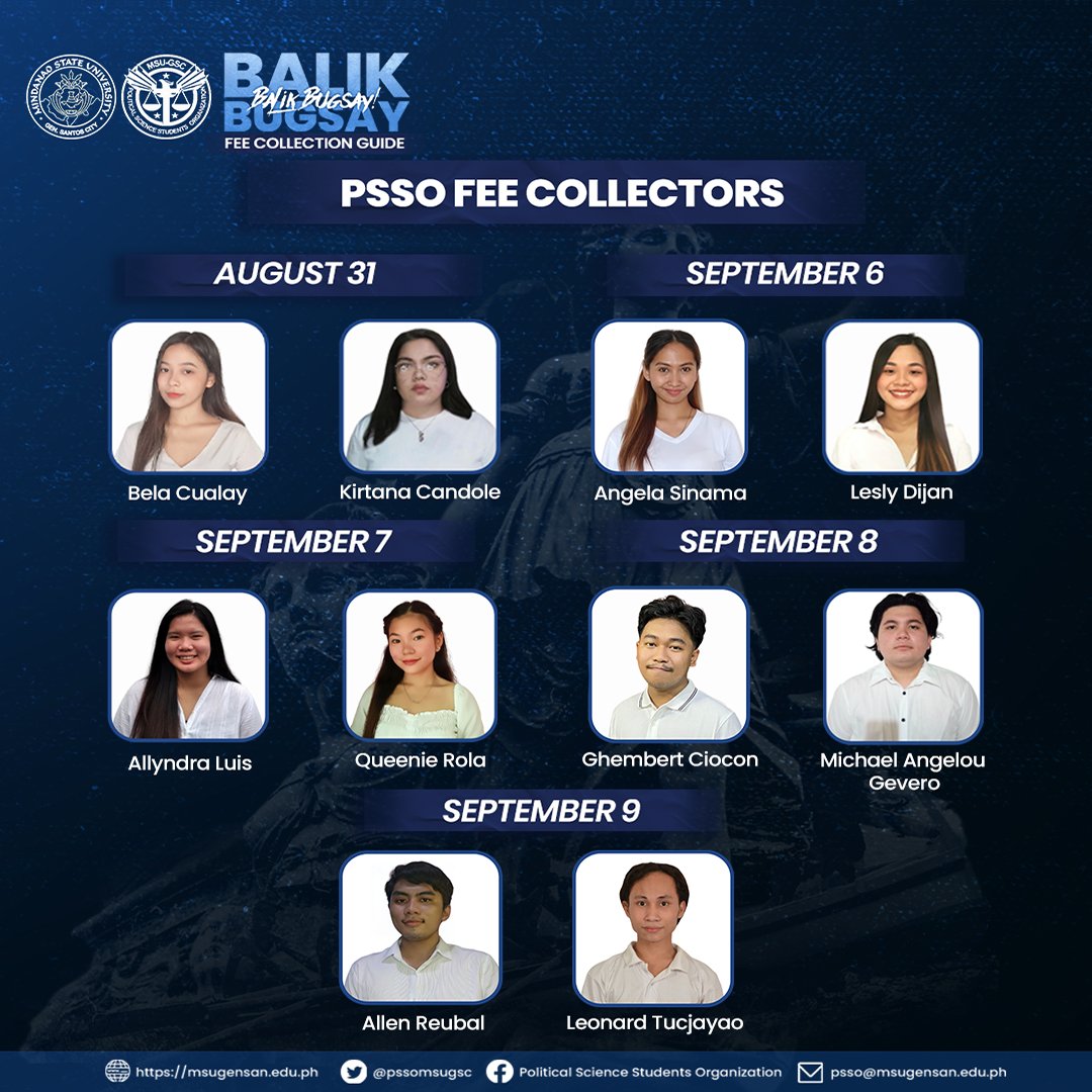 ppssmsugsc's tweet photo. Eyes here, Premiers!

Please be guided in our collection of PSSO Fees this semester. Know your schedules, process, where and who to pay, and prepare your amount before going. See you Premiers, the PSSO is excited to Bugsay with you!

#BugsayPolSci
#BalikBugsay2022 https://t.co/FpuLdQuh1b