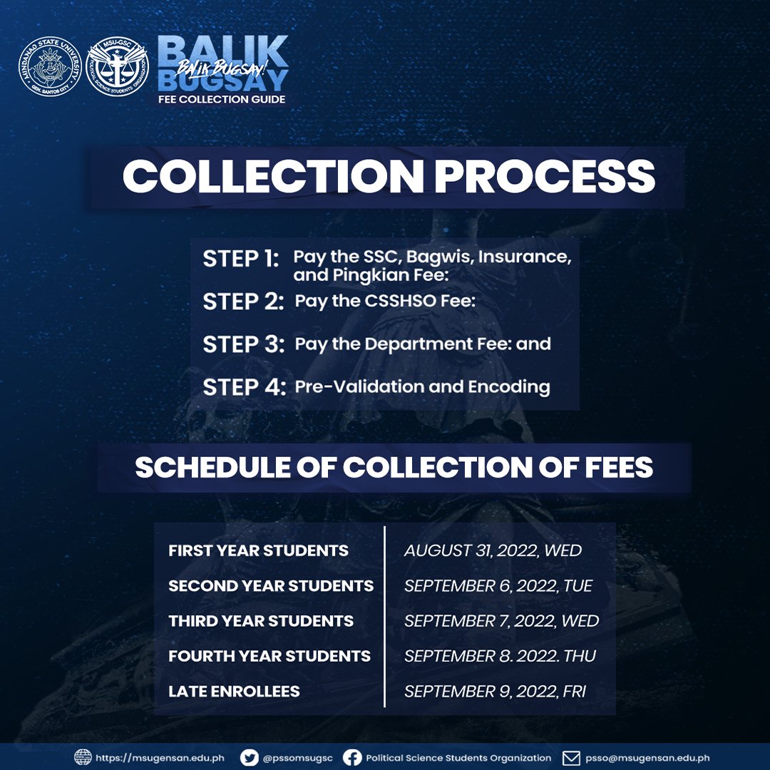 ppssmsugsc's tweet photo. Eyes here, Premiers!

Please be guided in our collection of PSSO Fees this semester. Know your schedules, process, where and who to pay, and prepare your amount before going. See you Premiers, the PSSO is excited to Bugsay with you!

#BugsayPolSci
#BalikBugsay2022 https://t.co/FpuLdQuh1b