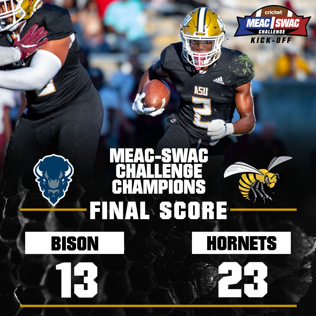BamaStateFB's tweet photo. The Alabama State Hornets are your 2022 MEAC-SWAC Challenge Champions after taking down Howard, 23-13! 🐝

#SWARMAS1 https://t.co/FBXsey5Z7W
