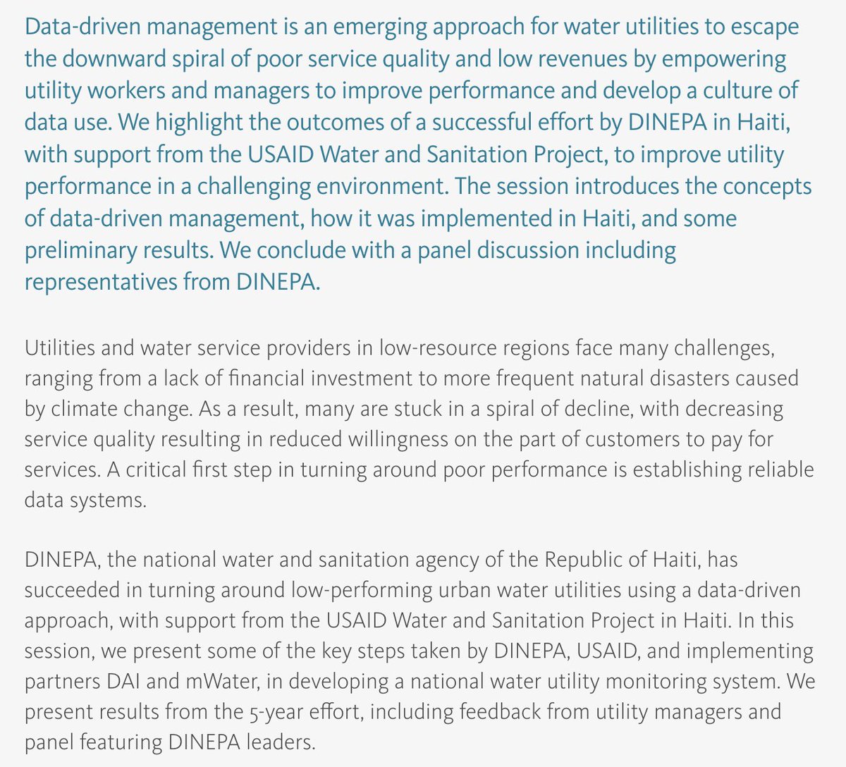 mWaterCo's tweet photo. Scheduling your #WWWeek? Come to mWater's session on @USAIDWater &amp; Sanitation Program in Haiti! Wednesday aty 2pm. @rocketboy76 John Feighery is demonstrating DINEPA's national monitoring MIS &amp; the global open source asset standard. 

@USAID
@DAIGlobal

https://t.co/i8aAAQAcTp https://t.co/vhH5rCxtN5