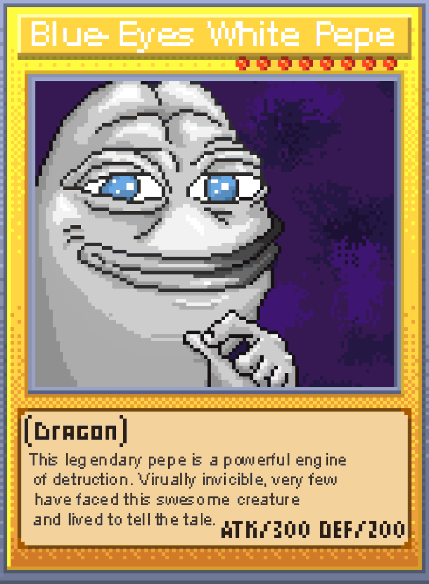 Blue Eyes White Pepe - The rarest of them all! 🐉🐸

Pepe Special Edition 9/10 📜

🍷 Like - Rt - Tag 🍷