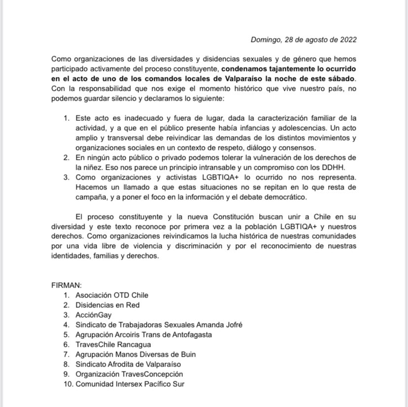 Comparto declaración de organizaciones de las diversidades y disidencias sexuales condenando los sucesos en Valparaíso. Nuestra lucha es por una vida libre de violencia, el respeto y nuestros derechos! Que nada lo empañe. Me representan plenamente👇🏼 #AprueboDeSalida🏳️‍🌈🏳️‍⚧️