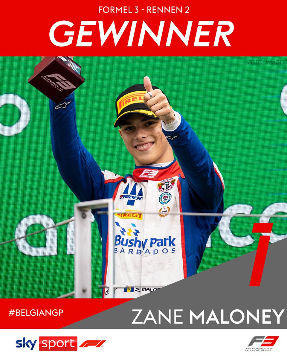 skysportformel1's tweet photo. Der aus Barbados 🇧🇧 stammende Zane Maloney (Team: Trident) gewinnt das Formel 3 Rennen vor seinem Teamkollegen Roman Stanek.

#SkyF3 #Formel3 #BelgianGP https://t.co/dtxItl8JOO