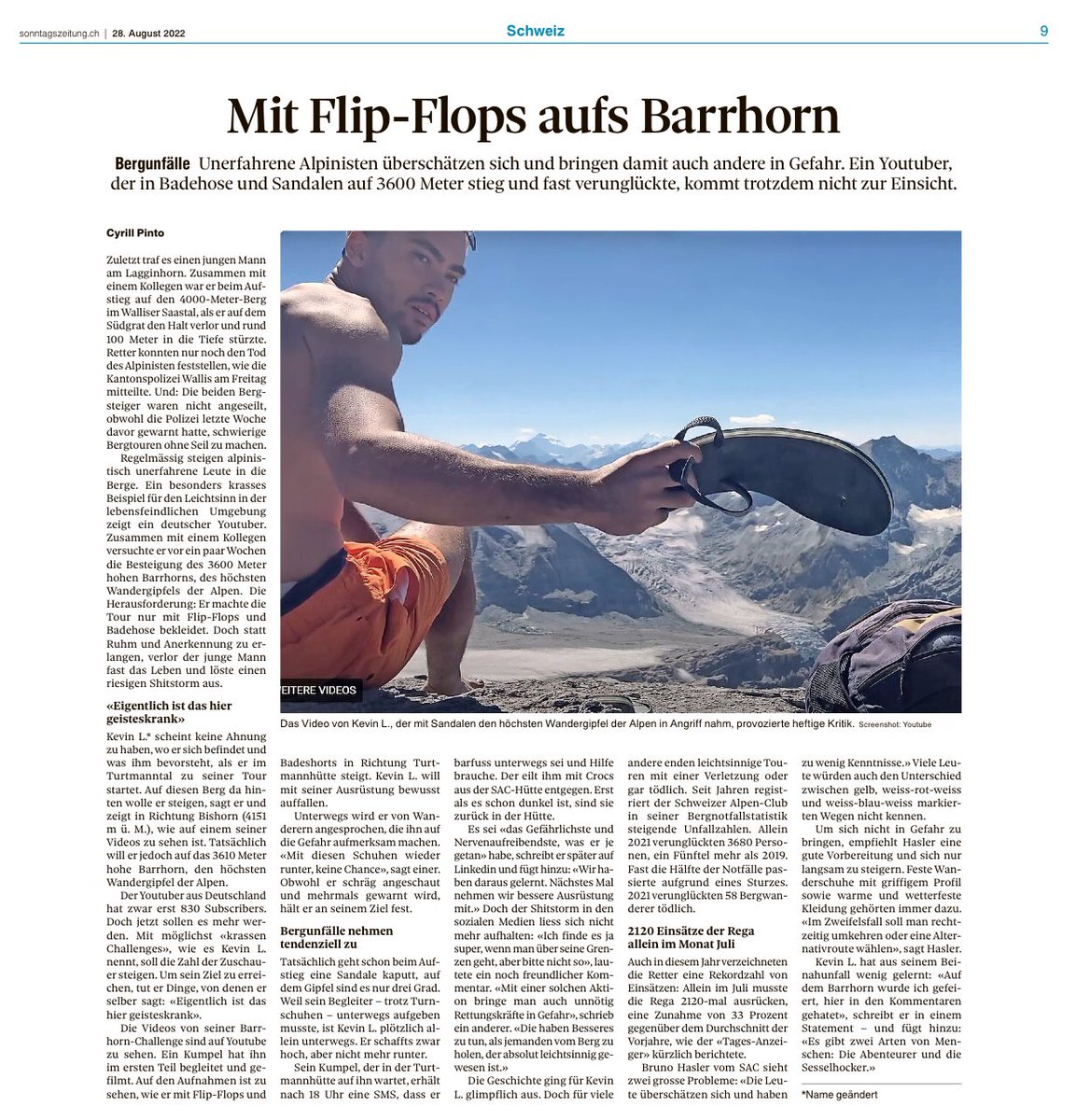 Ein Deutscher besteigt im Wallis für eine YouTube-Challenge einen 3000er mit Flip-Flops und nur mit einer Badehose bekleidet. Und der Depp plant weitere solche Aktionen. Für mich ein Top-Kandidat für den Darwin Award.🤦🏻‍♂️ #Bergwelt #Schweiz #Alpinismus
