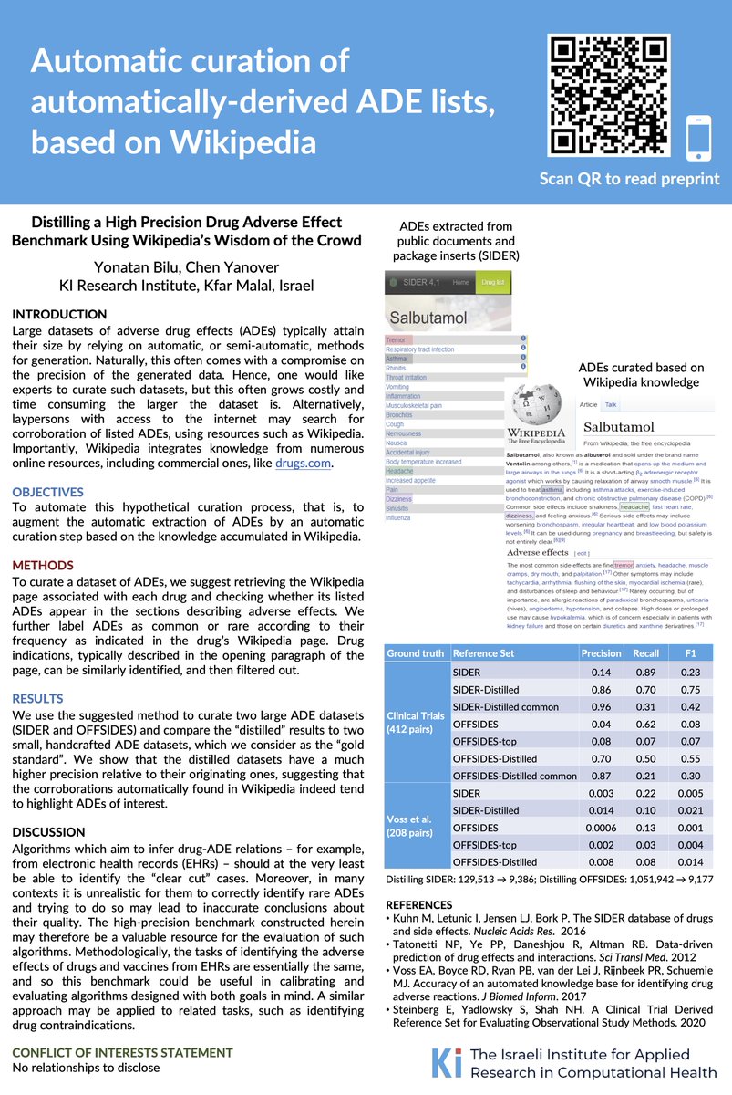 #Wikipedia, natural language processing (#NLP) and adverse drug effects meet at our #ICPE2022 #Copenhagen poster. Interested? Come see us at poster #133. @Yonatan_Bilu, @ResearchKi