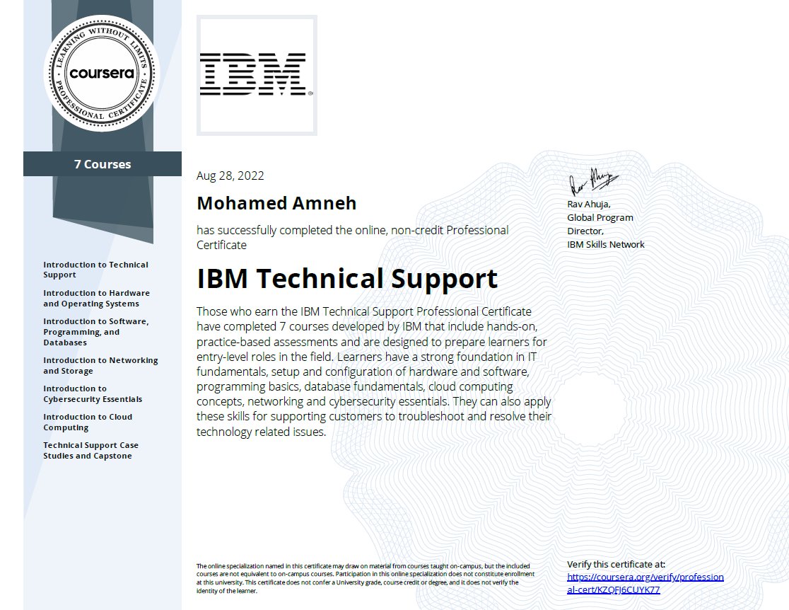 mohamedamneh1's tweet photo. Successfully completed "IBM Technical Support Professional Certificate" offered by @Coursera from @IBM
#Coursera #IBM #Networking #Cybersecurity #IT #Hardware #Software #TechnicalSupport #CloudComputing #CustomerService #TicketingSystems #ITSM #Troubleshooting #mamneh8 https://t.co/Ws4BItxFwE