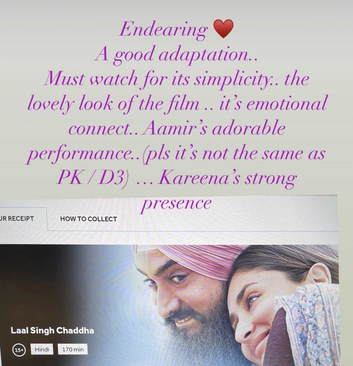 That’s my opinion 
Don’t boycott a good film
Don’t compare it to Forest Gump
Appreciate the adorable performance and commitment to character by Aamir Khan <a href="/AKPPL_Official/">Aamir Khan Productions</a> #laalsinghchaddaisagoodfilm