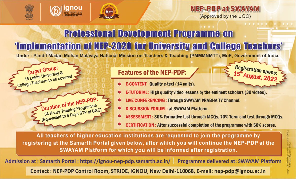📢 We request all Teachers in Higher Education to join the Free, 6 Days Professional Development Programme on Implementation of #NEP2020
✅University &amp; College Teachers, including guest faculty&amp;adhoc teachers can register for PDP by just clicking the link: ignou-nep-pdp.samarth.ac.in