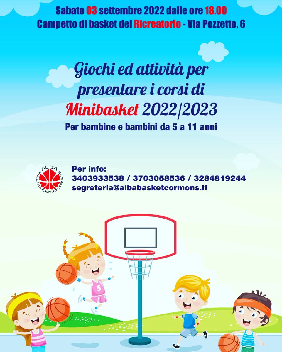 UsAlbaAsd's tweet photo. 𝙼𝙸𝙽𝙸𝙱𝙰𝚂𝙺𝙴𝚃🏀: Presentazione programmi ed allenatori nuovi corsi 22/23 dll’@UsAlbaAsd .
📆 𝟬𝟯 𝘀𝗲𝘁𝘁𝗲𝗺𝗯𝗿𝗲 𝟮𝟮
📍via Pozzetto, 6 Cormòns
⏰ 𝟷𝟾:𝟶𝟶 🕕

#noisiamolalba #minibasket #sport #fipfvg #ilovethisgame #giovanili https://t.co/ewvj19K9Fd